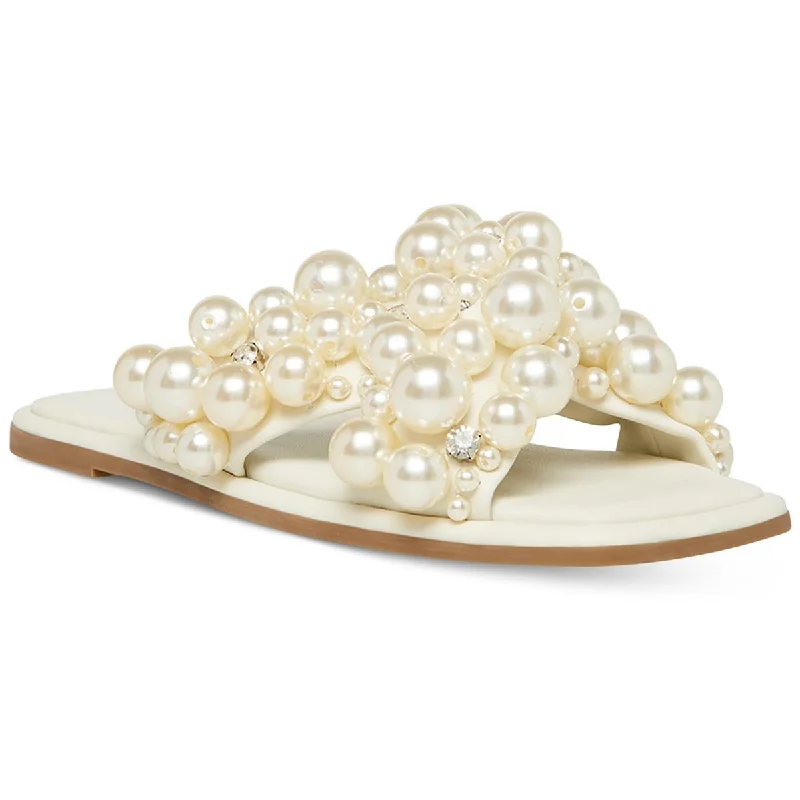 Comfortable sandals for women with contoured footbed and easy-to-adjust straps-Sandals with floral prints-Steve Madden Womens Duri Embellished Imitation Pearl Slide Sandals