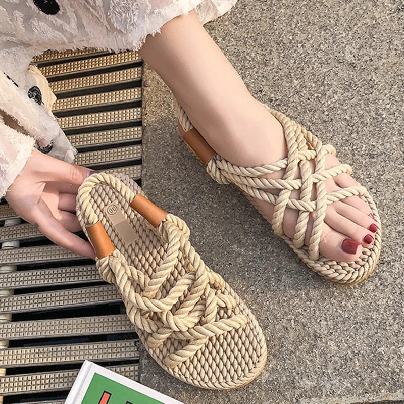 Trendy sandals for men with sporty look and mesh lining for breathability-Sandals for work-Women's Stylish Summer Rope Hemp Rubber Breathable Slip-on Sandals