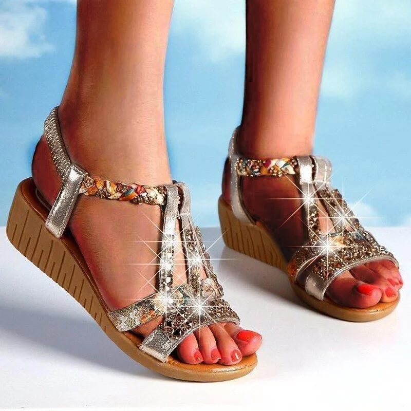 Elegant sandals for women with rhinestone detailing for glamorous summer parties-Sandals with thick soles-Women's Retro Bohemia Crystal Fashion Ankle Strap Platform Sandals