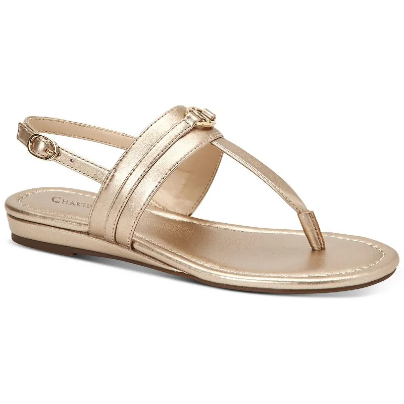 Casual sandals for women with wide straps and flat sole for relaxed fit-Sandals for budget shoppers-Charter Club Womens Onelle Faux Leather Thong T-Strap Sandals