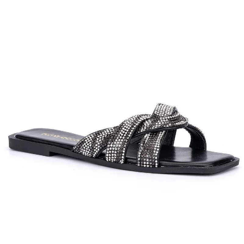 Casual sandals for women with bohemian-style straps and flat sole for comfort-Sandals for narrow feet-Olivia Miller Womens Marianne Rhinestone Square Toe Slide Sandals