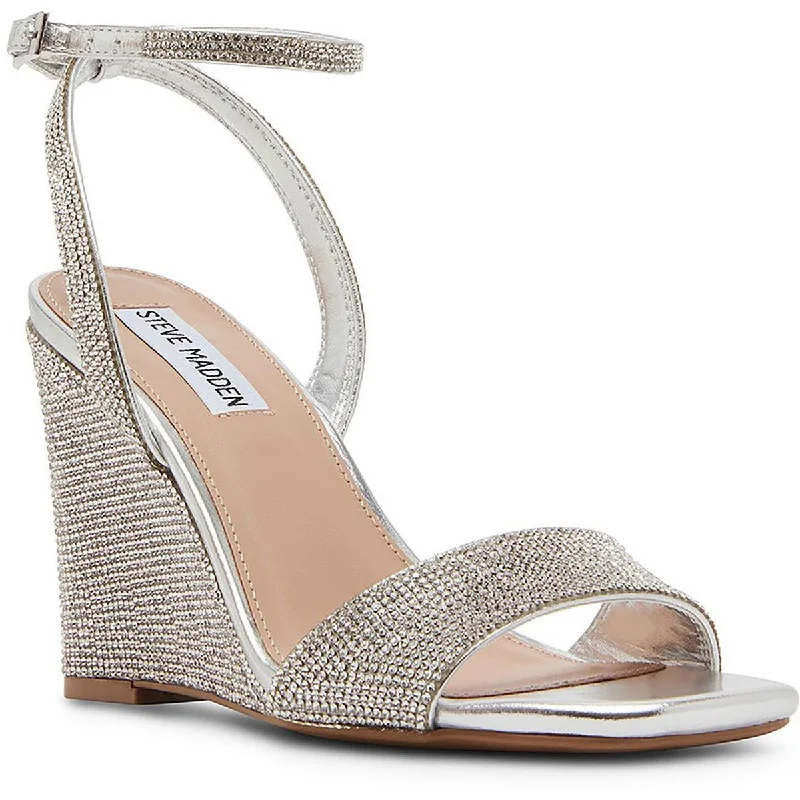 Stylish sandals for women with wide ankle straps and buckle detailing for fashionable look-Sandals with toe loop-Steve Madden Womens Sophey Metallic Rhinestone Wedge Sandals