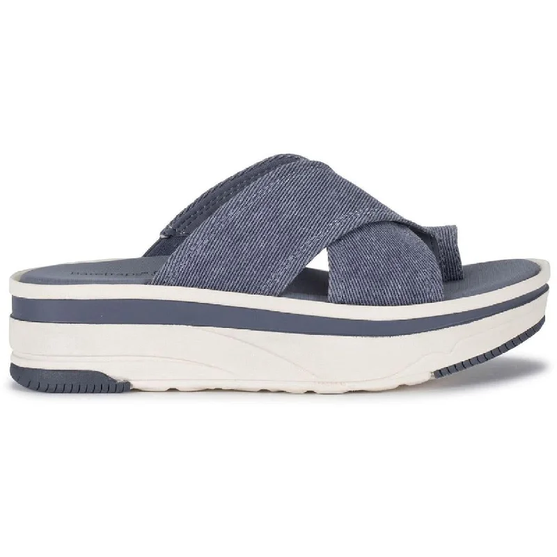 Stylish sandals for women with unique buckle details and flat design-Sandals for date nights-Baretraps Womens Maggey Denim Toe Loop Slide Sandals