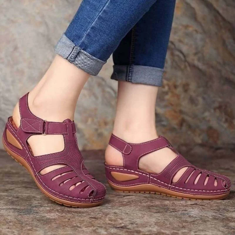 Comfortable sandals for women with contoured footbed and easy-to-adjust straps-Sandals for weddings-Women's Retro Casual Soft Hollow Floral Buckle Strap Pattern Wedge Sandals