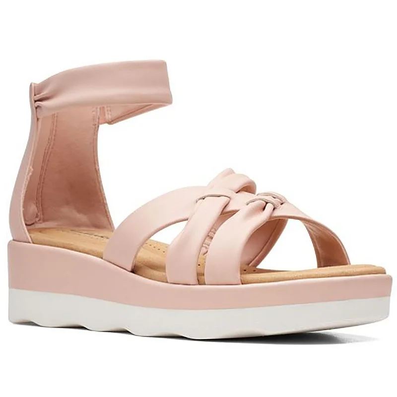 Comfortable sandals for women with soft cork footbed and rubber outsole-Sandals for summer-Clarks Womens Clara Rae Faux Leather Ankle Wedge Sandals