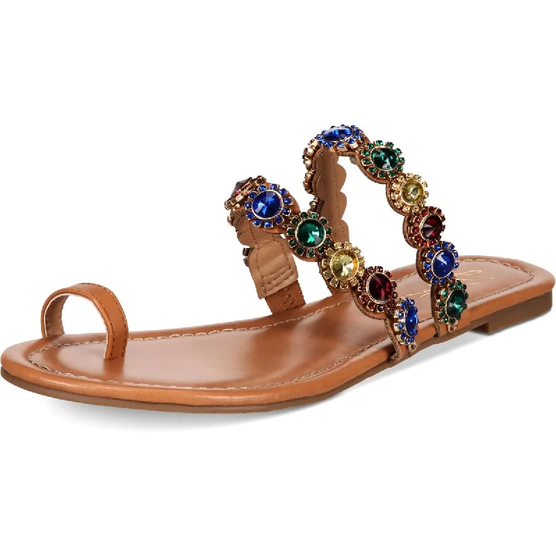 Comfortable sandals for women with elastic straps and lightweight construction for ease-Sandals with closed toes-Thalia Sodi Womens Joya Faux Leather Rhinestone Thong Sandals