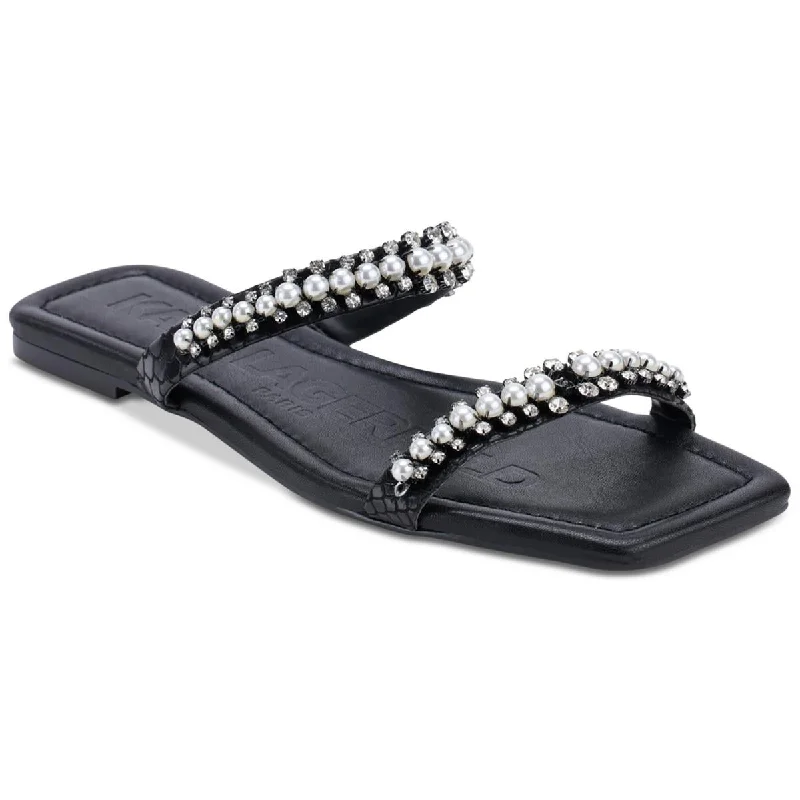 High-heeled sandals for women with open-toe design and fashionable embellishments-Sandals for boys-Karl Lagerfeld Paris Womens Payzlee Faux Leather Rhinestone Slide Sandals