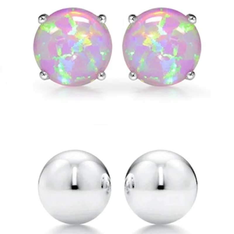 Best hoop earrings with sterling silver for an affordable and chic design-Hoop earrings for teens-2-Pairs: Pink Opal Stud and Sterling Silver Ball Stud Set