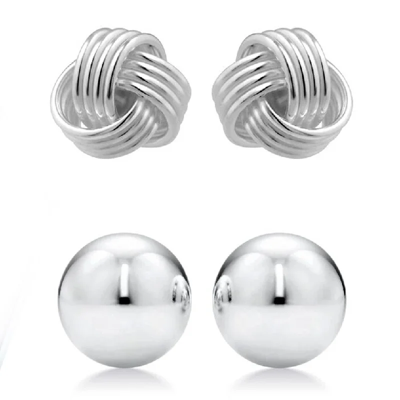 Best hoop earrings with stacked layers for a dimensional and bold look-Celebrity-inspired hoop earrings-2-Pairs: Sterling Silver Love Knot and Ball Stud Earring Set