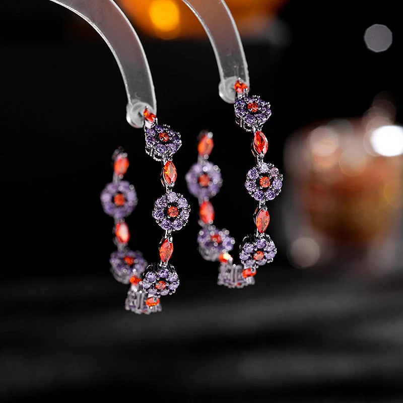 Best hoop earrings with butterfly motifs for a playful and whimsical appearance-Hoop earrings in silver-Black bottom hoops, colorful zircon silver needle earrings, flower earrings