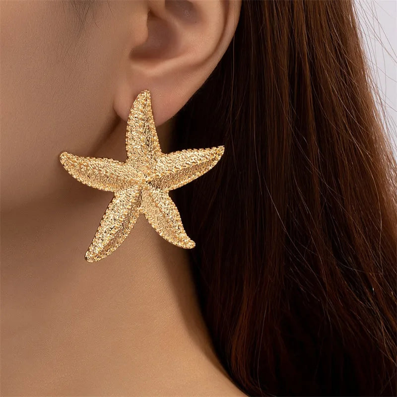 Best hoop earrings with matching bracelets for a coordinated jewelry set-Hoop earrings in resin-Boho Large Metal Starfish Trendy Summer Gold Color 2024 Fashion New Exaggerated Earring