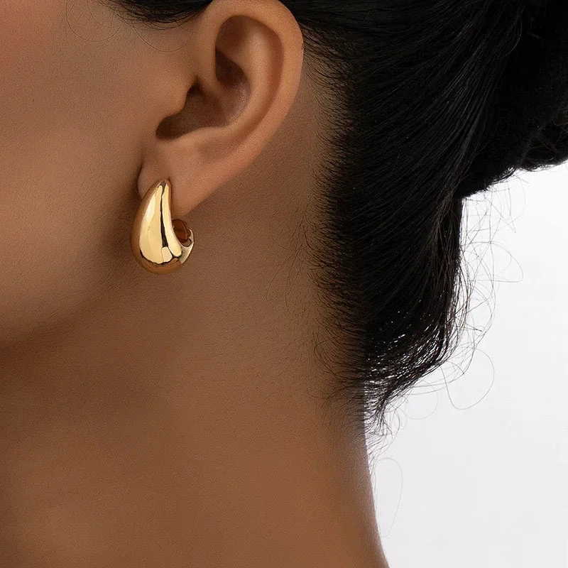 Hoop earrings with infinity loop designs for a continuous and eternal shape-Budget-friendly hoop earrings-Chunky Dome Drop Gold Plated Stainless Steel Thick Teardrop Statement Wedding Vintage Earring