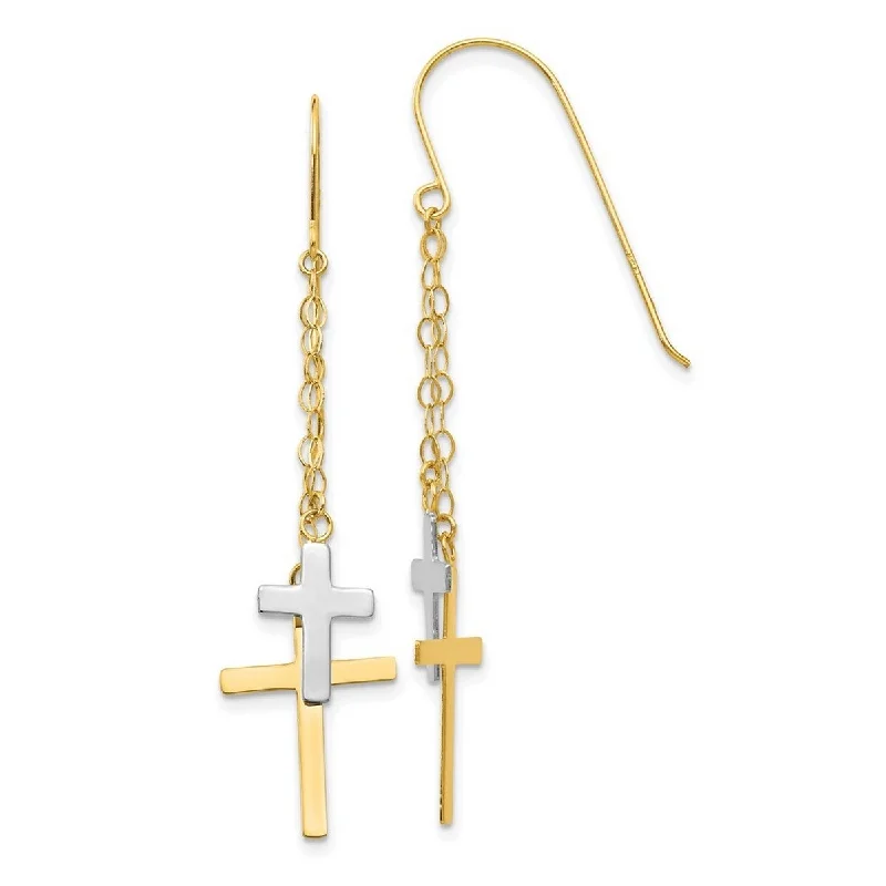 Classic hoop earrings with a thin profile for a sleek and subtle style-Hoop earrings for daily wear-Curata 14k Two-tone Gold 56x12mm Double Cross Chain Dangle Hook Earrings