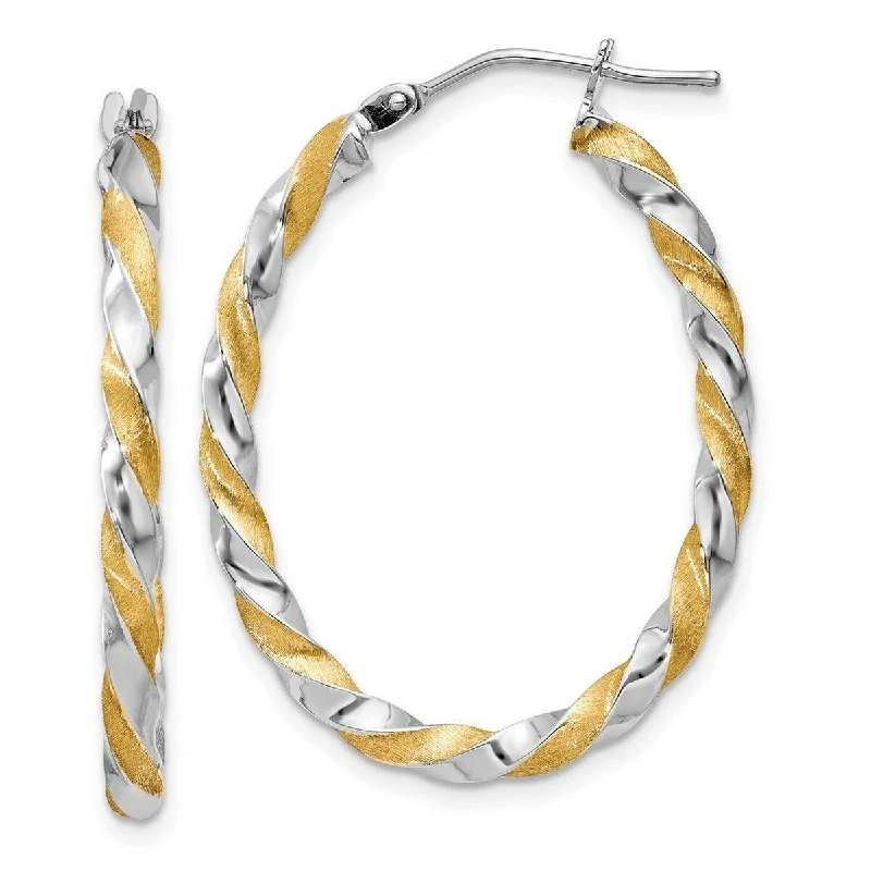 Best hoop earrings with blackened metal for an edgy and bold appearance-Hoop earrings with vintage style-Curata 14k Two-tone Gold and Satin 2x23mm Twisted Oval Hoop Earrings