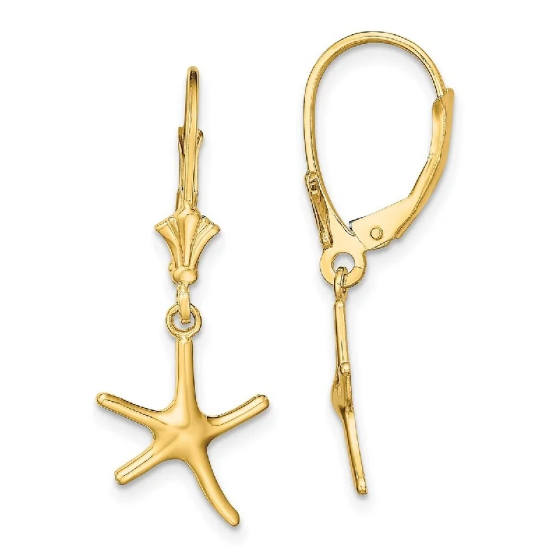 Hoop earrings with pearl accents for a chic and classic style-Hoop earrings with gemstones-Curata 14k Yellow Gold Mini Dancing Sea shell Nautical Starfish Leverback Earrings 26.5x10.6mm