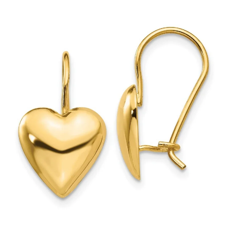 Best hoop earrings with snake-inspired designs for an edgy and fierce vibe-Hinged hoop earrings-Curata 14k Yellow Gold Polished 11.5mm Puffed Love Heart Kidney Wire Earrings