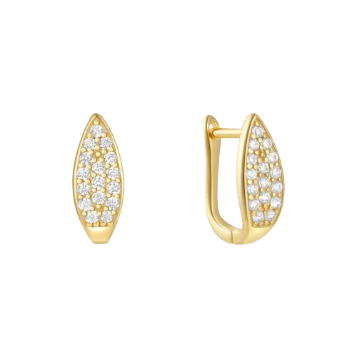 Best hoop earrings with gold for a luxurious and timeless look-Hoop earrings for women-Geometric Leaf-Shaped Full Diamond Gold-Plated Sterling Silver Hoop Earrings