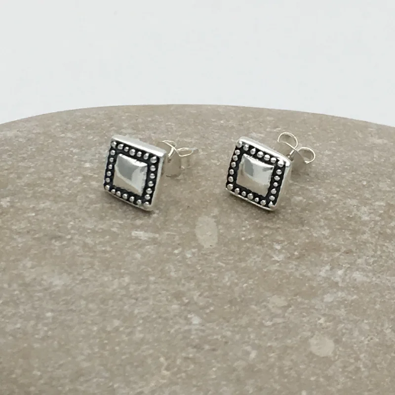 Hoop earrings with a chunky design for a bold and trendy statement-Hoop earrings for summer-Sterling Silver Granulated Square Puffed Earrings