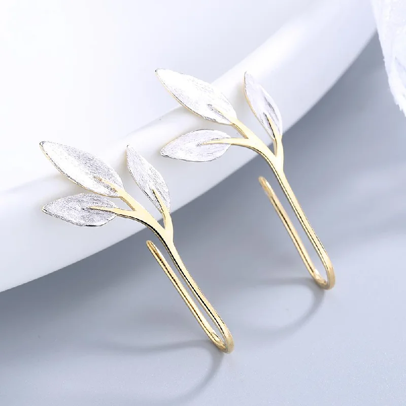 Hoop earrings with abstract wirework for an artistic, unique look-Luxury hoop earrings-Handmade Sterling Silver and 14K Gold Pull-Through Leaf Earrings