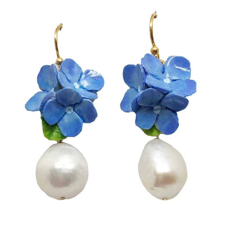 Hoop earrings with tortoiseshell designs for a chic and classic style-Thin hoop earrings-Hydrangea pearl drops in blue