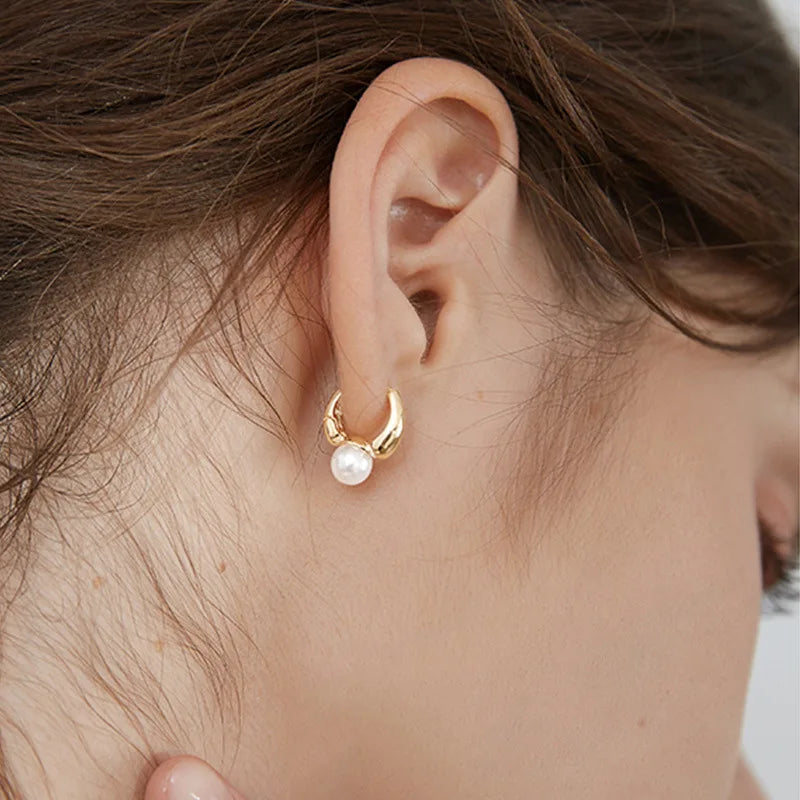 Best hoop earrings with asymmetrical designs for a fashion-forward, avant-garde look-Clip-on hoop earrings-Korean Kpop Gold Color Simple Cute Pearl Ear Clasp Hoop Tiny Huggies Wedding Party Trend Earring