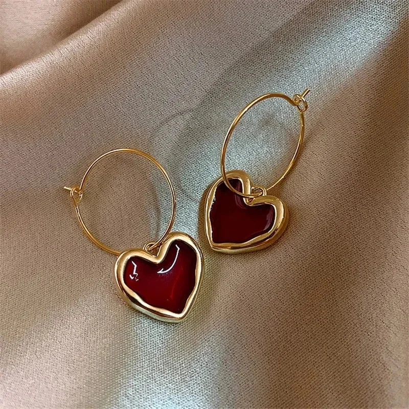 Hoop earrings with stacked layers for a bold and textured design-Hoop earrings in stainless steel-Korean Love Heart Ear Studs Red Heart Vintage Drop Enamel Metal Wholesale New Earring