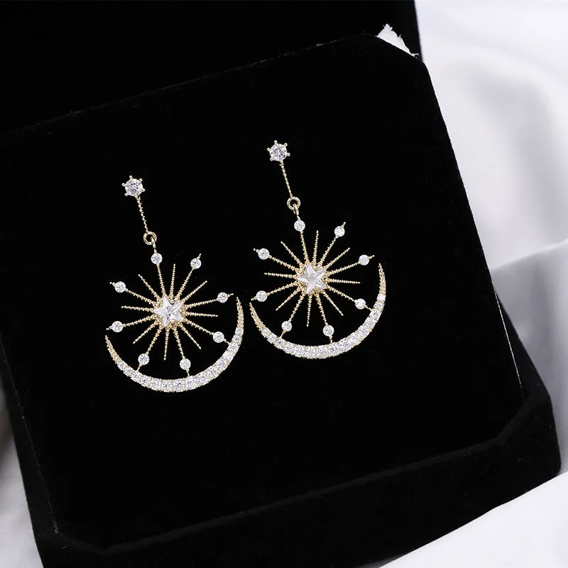 Medium hoop earrings for an everyday look with the perfect balance of style-Hoop earrings with cubic zirconia-Korean temperament light luxury high-end earrings s925 silver needle zircon star and moon earrings