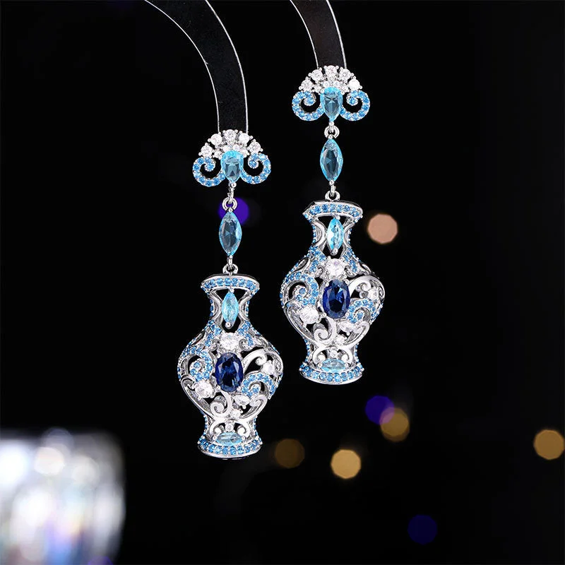 Hoop earrings with faceted crystals for added sparkle and shine-Oversized hoop earrings-Light luxury new Chinese style ancient style three-dimensional earrings retro zircon inlaid high-end long blue and white porcelain dinner earrings