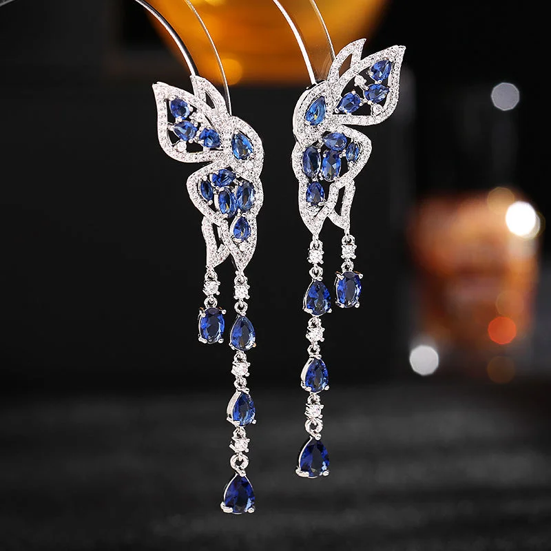 Hoop earrings with abstract wirework for an artistic, unique look-Luxury hoop earrings-long face-modifying butterfly water drop tassel earrings