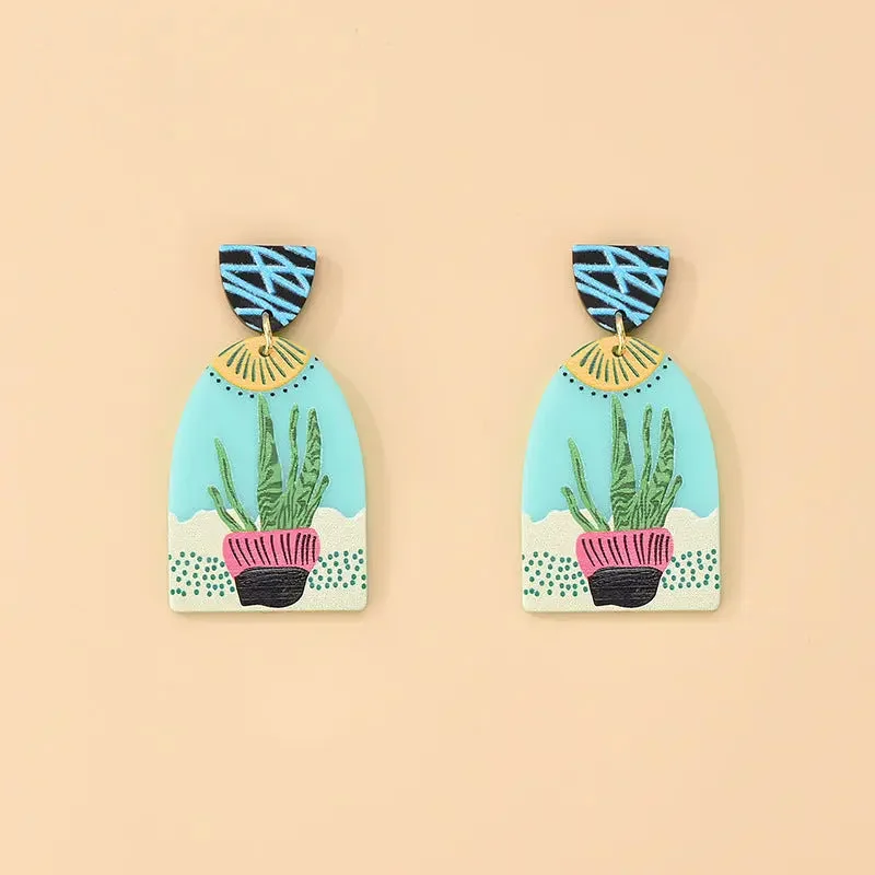 Best hoop earrings with vintage-style detailing for a nostalgic and timeless look-Hoop earrings with bohemian style-LOVCIA 3D Printed Acrylic Cactus Flower Earrings for Women