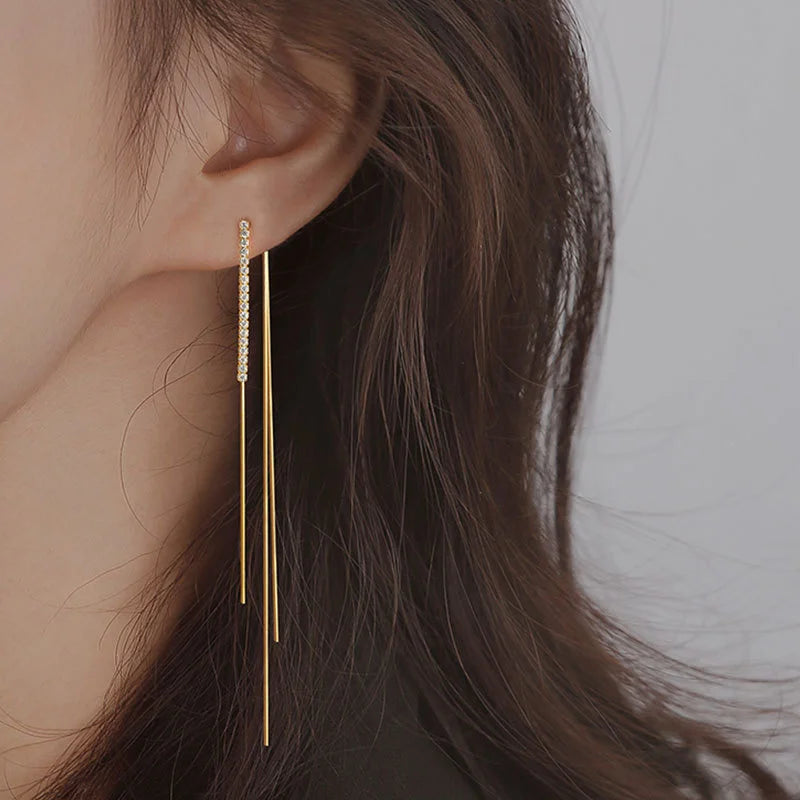 Hoop earrings with textured finishes for a vintage and classic style-Hoop earrings with flowers-Luxury Gold Color Long Tassel Trendy Korean Fashion White Zircon Ear Wire Accessories Gifts New Earring