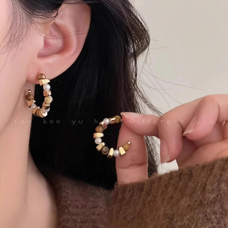 Best hoop earrings with matte finish for a sophisticated, understated design-Custom hoop earrings-New Design Brown Wear Retro Irregular Texture Stone Beaded Hoop Fashion Elegant Gift Wholesale Korean Earring