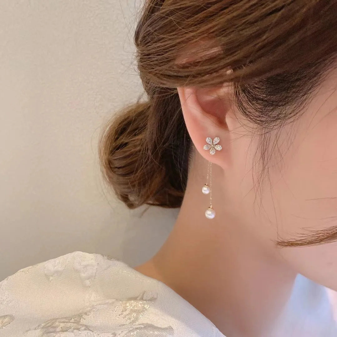 Best hoop earrings with oval shapes for a unique and elongated design-Hoop earrings with abstract art-New Zircon Flower Stud Fashion Temperament Long Tassel Pearl Drop Wedding Gifts Korea Earring