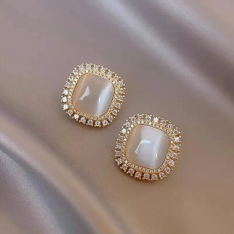 Hoop earrings with leather accents for a sleek and bold combination-Street style hoop earrings-New Zircon Opal Stone Gold Color Personality Fashion Simple Retro Stud Wedding 2024 Earring