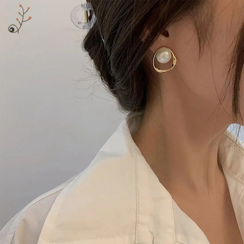 Hoop earrings with twisted metal designs for a dynamic and modern style-Hoop earrings for casual wear-Pearl Gold Color Round Stud Korean Delicate Irregular Design Unusual 2024 Fashion Imitation Earring