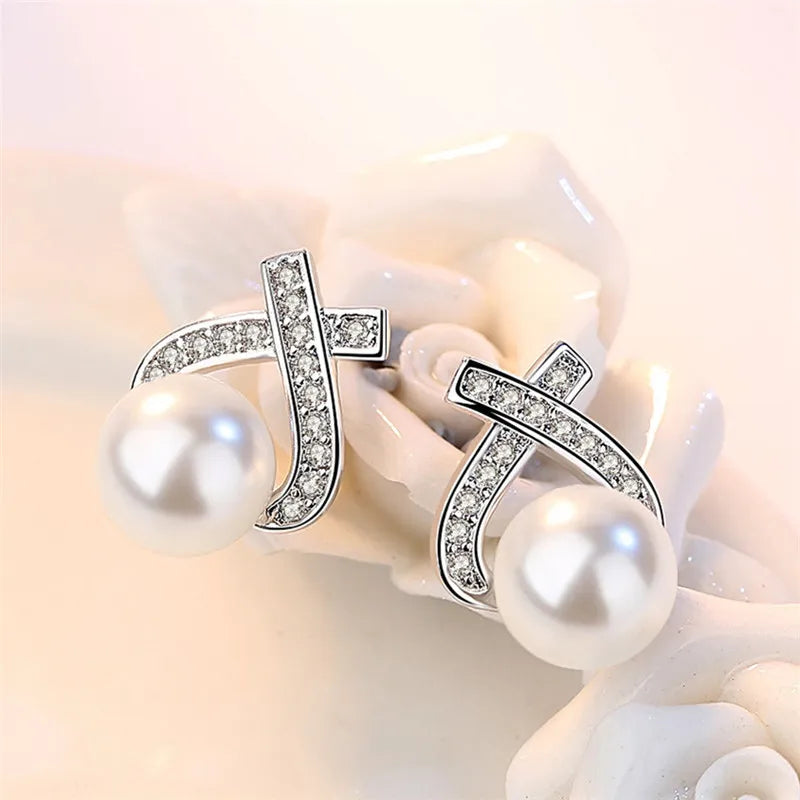 Hoop earrings with removable pendants for a versatile and customizable accessory-Hoop earrings with geometric patterns-JuliaFashion - 2024 Retro Cross Inlaid Zircon Pearl Earrings