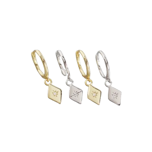 Small hoop earrings for a delicate and understated everyday wear-Hoop earrings for parties-Sterling Silver Hoop Gold Plated Rhombus Pendant Set Star Diamond Earrings