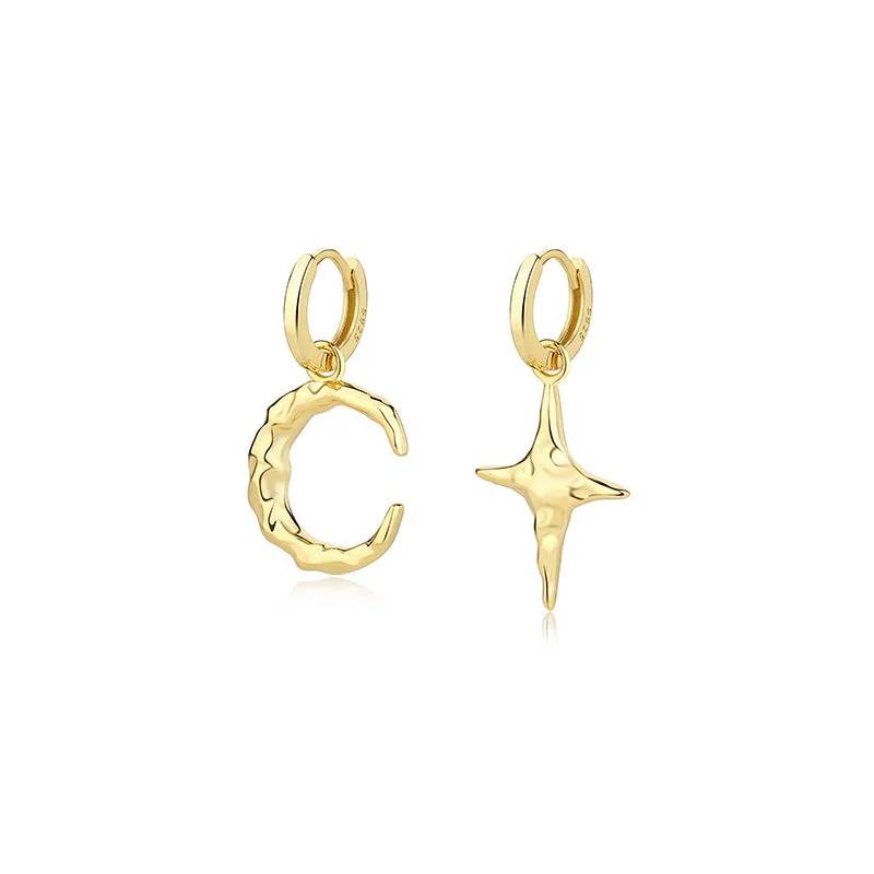 Hoop earrings with leather accents for a sleek and bold combination-Street style hoop earrings-Sterling Silver Moon And Star Drop Hoop Gold Plated Earrings