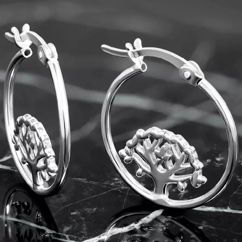 Best hoop earrings with twisted rope designs for a nautical-inspired style-Hoop earrings in titanium-Sterling Silver Tree Of Life Hoop Earrings