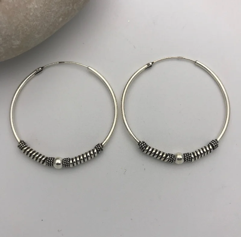 Hoop earrings with oversized designs for a bold, fashion-forward statement-Hoop earrings with chain details-Sterling Silver Tribal Karen Hoop 6 Earrings