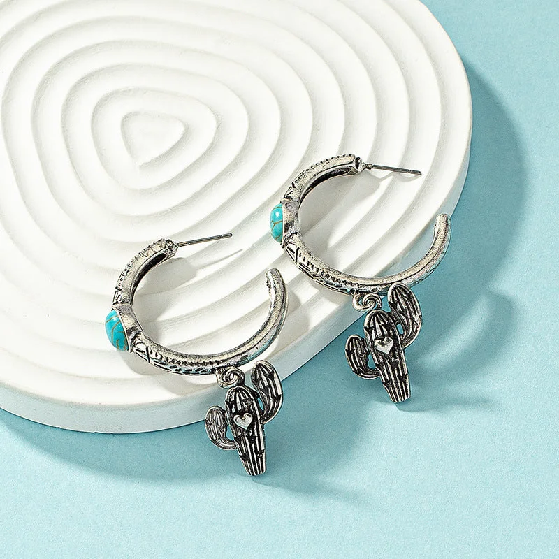 Hoop earrings with oversized designs for a bold, fashion-forward statement-Hoop earrings with chain details-Wholesale Bohemian Turquoise Cactus Alloy Earrings