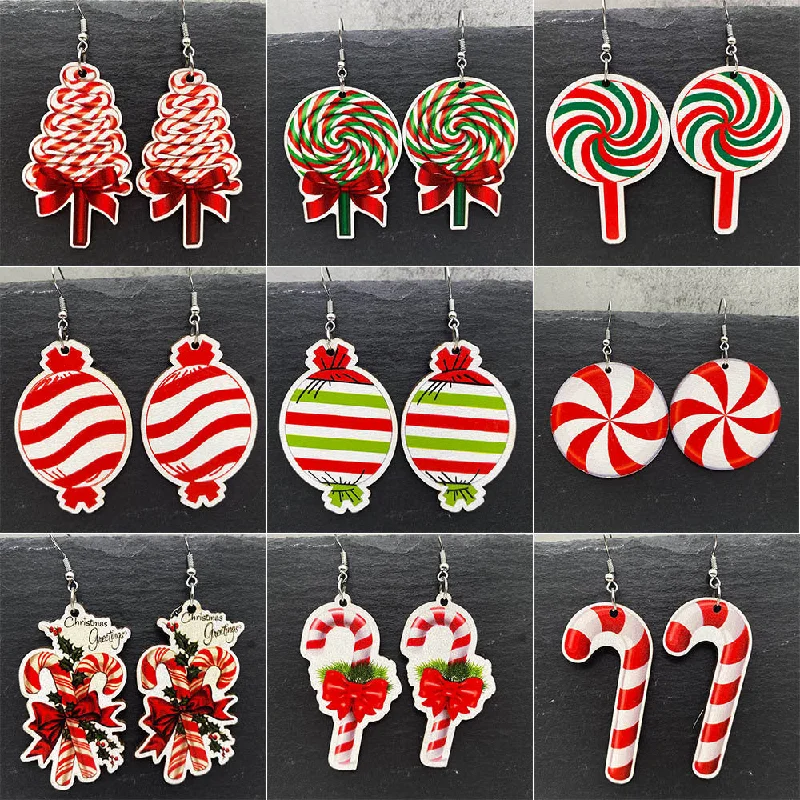 Hoop earrings with open designs for a modern, lighthearted vibe-Hoop earrings with minimalist design-Wholesale Christmas Candy Cane Cane Wooden Earrings