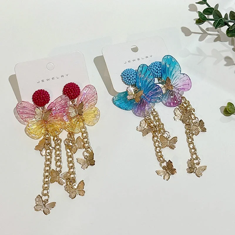 Hoop earrings with colorful beads for a fun and playful vibe-Designer hoop earrings-Wholesale Long Tassel Acrylic Butterfly Alloy Earrings