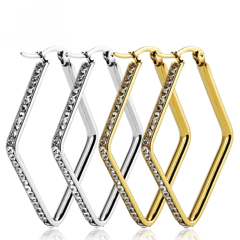 Hoop earrings with rhinestone-studded rims for a glamorous touch-Heavy hoop earrings-Wholesale titanium steel rhombus earrings