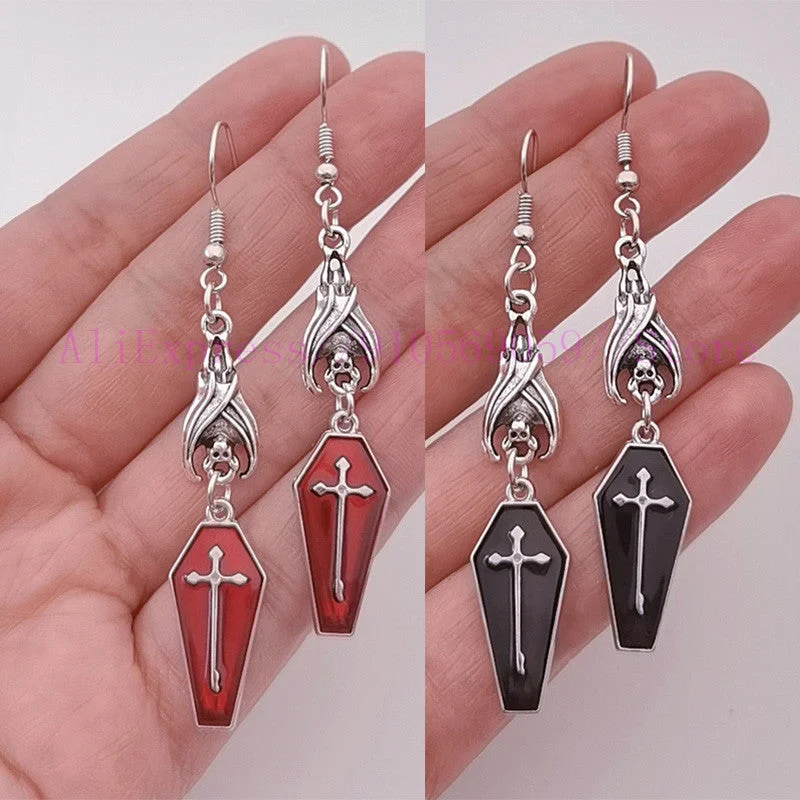 Hoop earrings with a matte finish for a sleek and sophisticated appearance-Hoop earrings with pearls-Wholesale Vampire Cross Coffin Tombstone Earrings