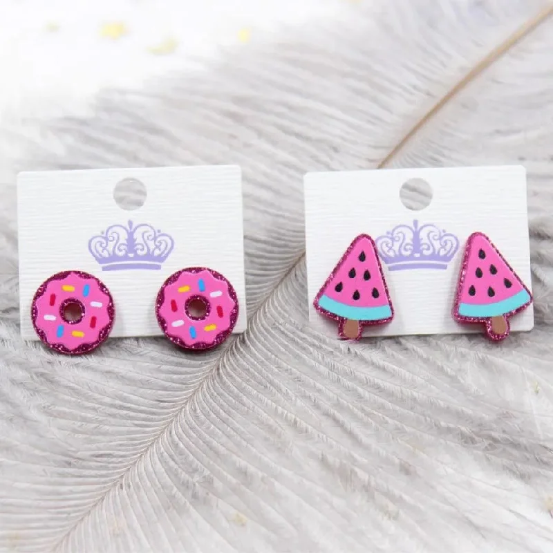 Hoop earrings with crescent moon shapes for a celestial and mystical appearance-Hoop earrings in plastic-Wholesale 5pcs Watermelon Popsicles Fruit Pink Glitter Acrylic Earrings