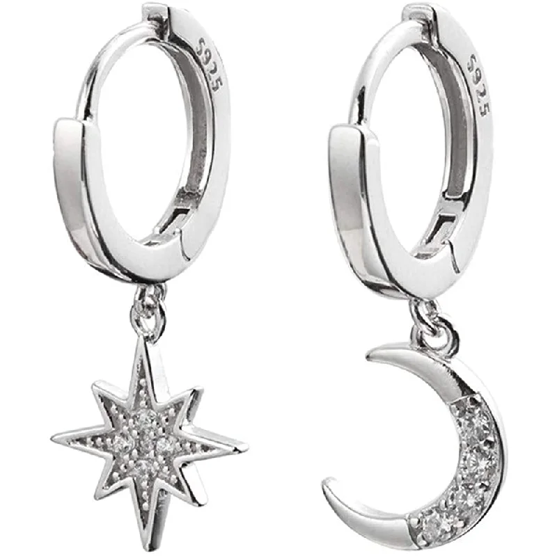 Best hoop earrings with butterfly motifs for a playful and whimsical appearance-Hoop earrings in silver-Women's Moon Star Pendant Small Hoop Earrings