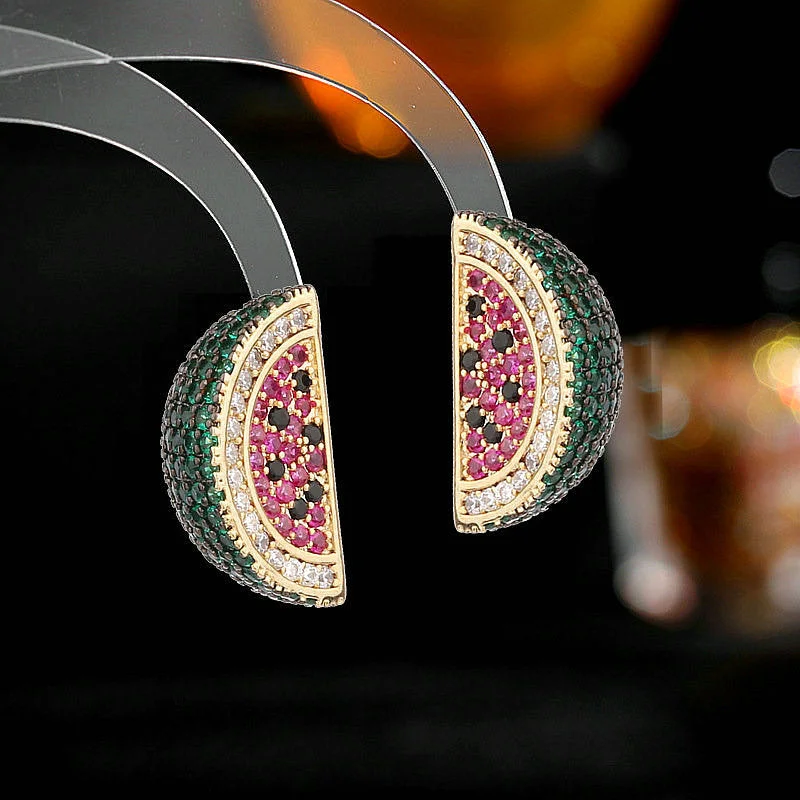 Hoop earrings with removable pendants for a versatile and customizable accessory-Hoop earrings with geometric patterns-Zircon inlaid fresh and super fairy temperament fruit watermelon earrings