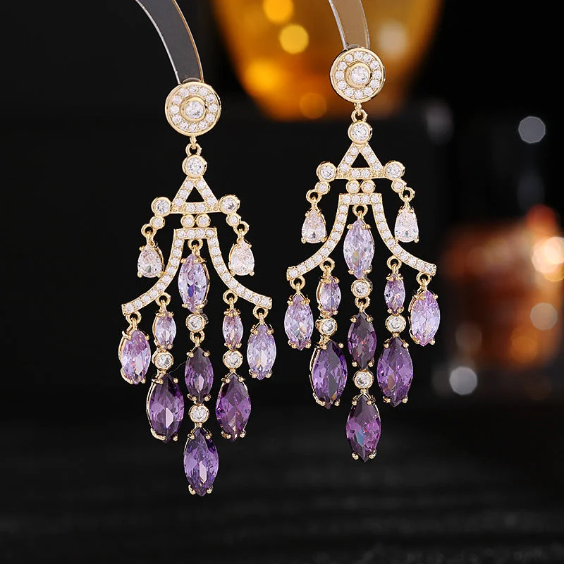 Best hoop earrings with rose gold for a romantic and warm aesthetic-Hoop earrings for special occasions-Zircon inlay exaggerated water drop tassel earrings banquet dress bridal earrings